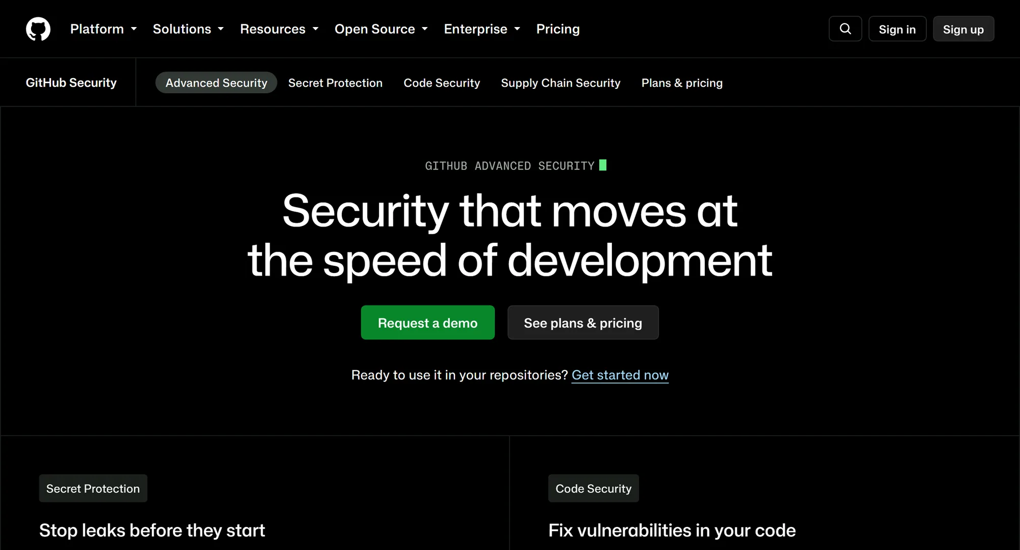 The GitHub Advanced Security homepage