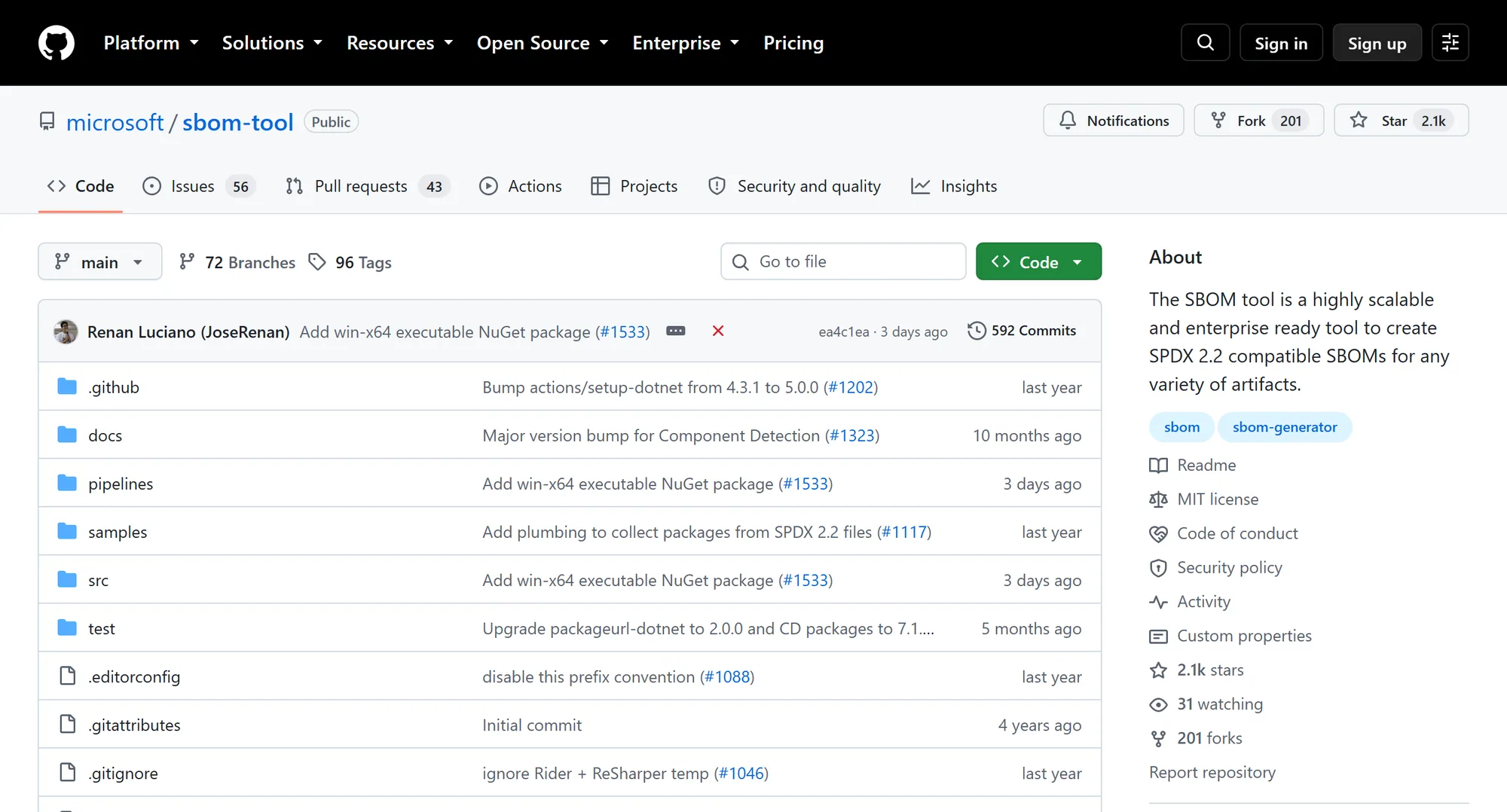 The Microsoft SBOM Tool homepage